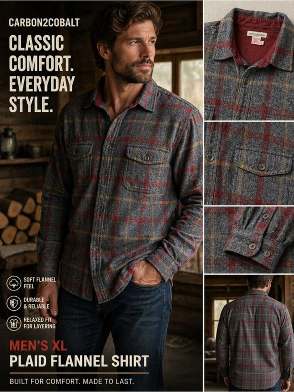 Carbon2Cobalt Mens XL Plaid Flannel Shirt Gray Red Button Up Long Sleeve